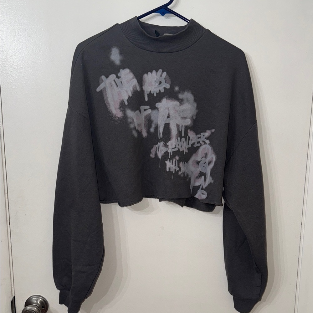 Gray Cropped Sweater with Graphic Design